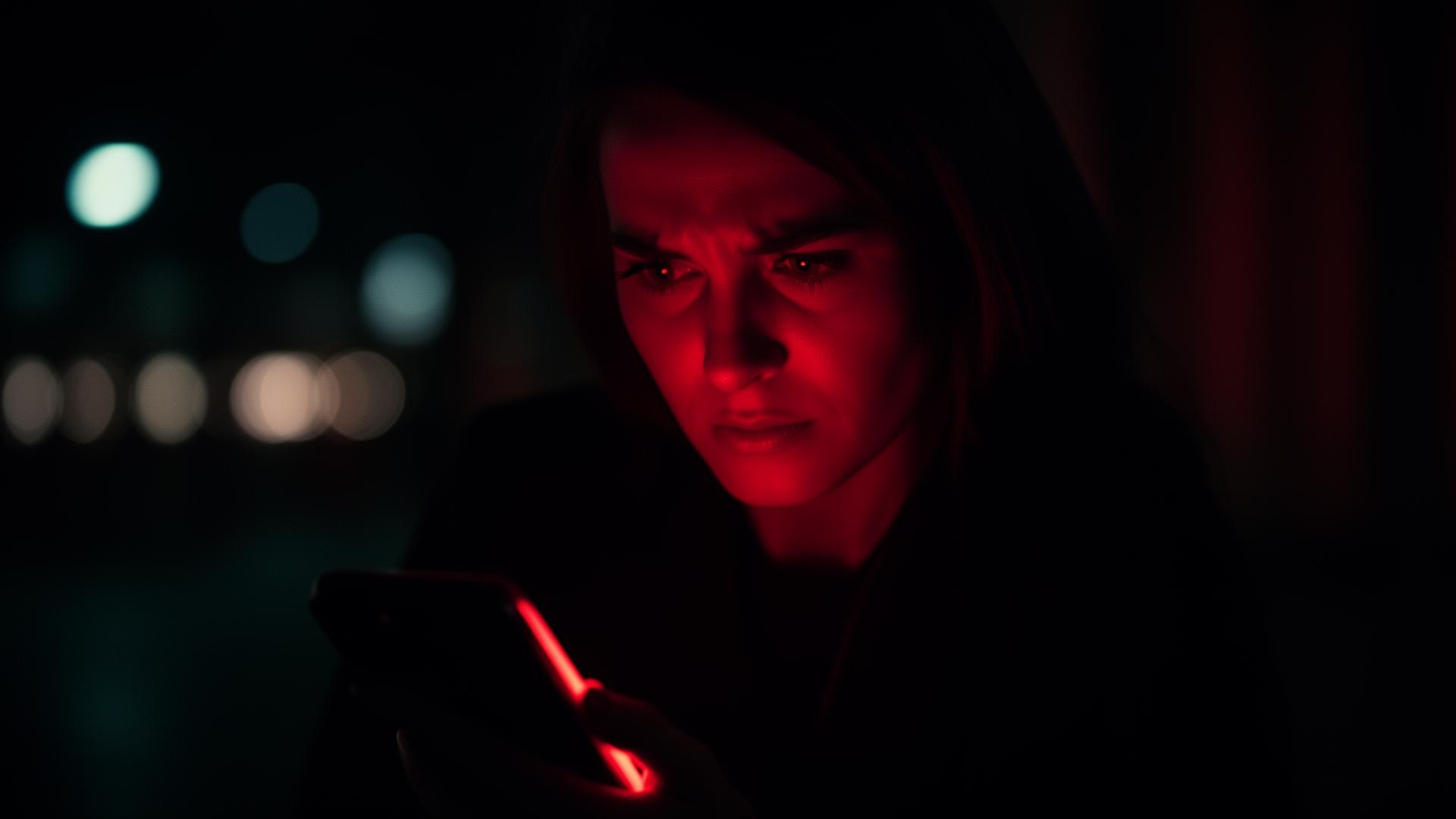 Mulher analisando mensagens suspeitas no celular sob luz vermelha